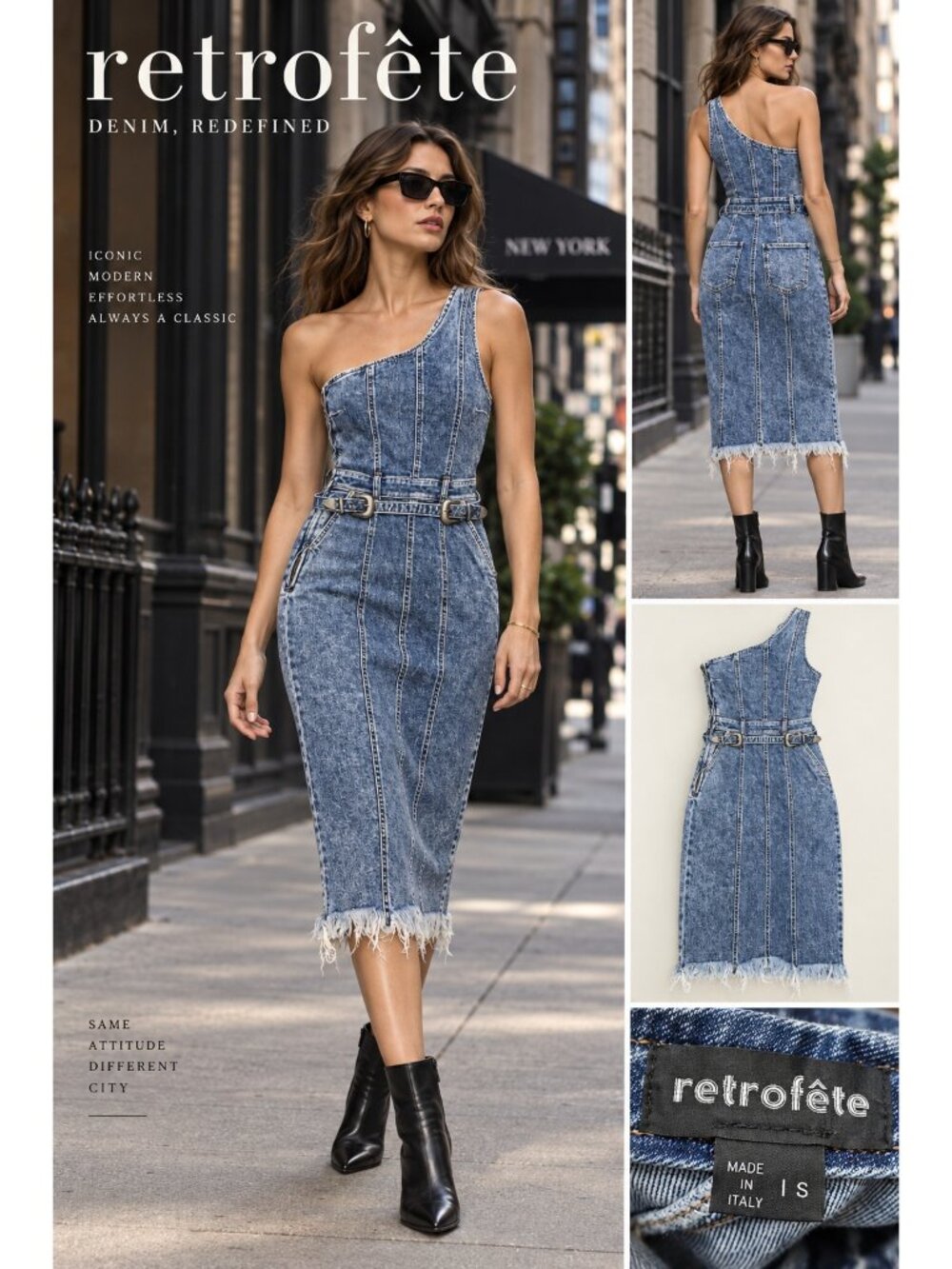 Retrofete Giorgio One Shoulder Belted Blue Denim Midi Dress Size S
